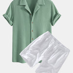 Waffle Button Up Shirt & Linen Cotton Blend Drawstring Shorts