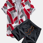 Color Block Geometry Print Button Up Shirt & Man Mid Length Drawstring Swim Shorts
