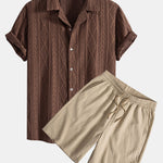 Geometric Jacquard Eyelet Cuban Shirt & Crinkled Textured Drawstring Shorts