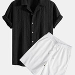 Geometric Jacquard Eyelet Cuban Shirt & Crinkled Textured Drawstring Shorts