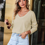 Zeagoo Women Waffle Knit Tops Casual Long Sleeve Shirts Solid Color V Neck Shirt