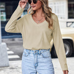 Zeagoo Women Waffle Knit Tops Casual Long Sleeve Shirts Solid Color V Neck Shirt