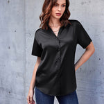 Zeagoo Women Satin Shirt V-Neck Short Sleeve Button Down Shirt Casual Loose Office Silk Tops  (Us Only)
