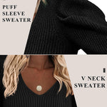 Zeagoo V Neck Sweaters Casual Puff Sleeve Pullover Sweater