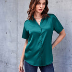 Zeagoo Women Satin Shirt V-Neck Short Sleeve Button Down Shirt Casual Loose Office Silk Tops  (Us Only)