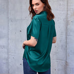 Zeagoo Women Satin Shirt V-Neck Short Sleeve Button Down Shirt Casual Loose Office Silk Tops  (Us Only)