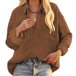 Zeagoo Women's Corduroy Tops for Women Lapel V Neck Shirts Long Sleeve Blouses Casual Sweatsuit with Pockets