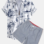 Island Sailing Print Button Up Shirt & Vertical Striped Drawstring Swim Shorts
