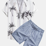 Palm Tree Print Button Up Shirt & Stripe Print Swim Shorts