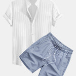 Textured Stand Collar Shirt & Stripe Print Swim Shorts