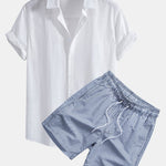 Linen Look Cotton Button Up Shirt & Stripe Print Swim Shorts