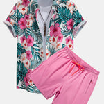 Tropical Flowers Print Button Up Shirt & Zip Pocket Swim Shorts