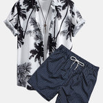 Palm Trees Print Button Up Shirt & Striped Print Swim Shorts