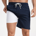 2 In 1 Solid Color Drawstring Swim Shorts