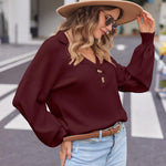 Zeagoo Women V Neck Sweater Lantern Sleeve Drop Shoulder Oversized Henley Knit Pullover Tops S-XXL