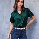 Zeagoo Women Satin Shirt V-Neck Short Sleeve Button Down Shirt Casual Loose Office Silk Tops  (Us Only)