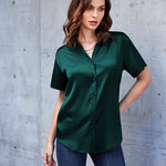 Zeagoo Women Satin Shirt V-Neck Short Sleeve Button Down Shirt Casual Loose Office Silk Tops  (Us Only)