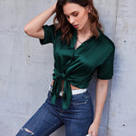 Zeagoo Women Satin Shirt V-Neck Short Sleeve Button Down Shirt Casual Loose Office Silk Tops  (Us Only)