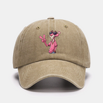 Pink Panther With V Sign Print Washed Baseball Cap