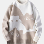 Color Block Cat Print Crew Neck Sweater