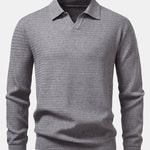 Long Sleeve Wave Jacquard V Neck Knit Polo Shirt