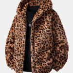 Faux Fur Leopard Zip Up Hooded Coat
