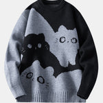 Color Block Cat Print Crew Neck Sweater