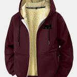 Black Cat Print Teddy Lined Zipper Hoodie