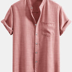 Short Sleeve Stand Collar Shirt & Linen Drawstring Shorts