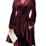 Zeagoo Velvet Dress V-Neck Long Sleeve Stretch Mini Dress