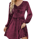 Zeagoo Velvet Dress V-Neck Long Sleeve Stretch Mini Dress