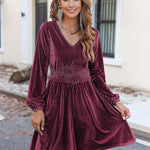 Zeagoo Velvet Dress V-Neck Long Sleeve Stretch Mini Dress