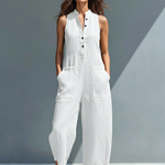 Sleeveless Minimalist Jumpsuit for Women with High Collar and Buttons