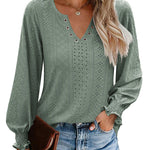 Zeagoo Women Casual V Neck T-Shirts Ruffle Long Sleeve Shirt Eyelet Loose Blouses S-XXL