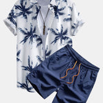 Palm Tree Print Button Up Shirt & Man Mid Length Drawstring Swim Shorts