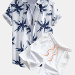 Palm Tree Print Button Up Shirt & Man Mid Length Drawstring Swim Shorts