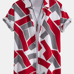 Color Block Geometry Print Button Up Shirt & Man Mid Length Drawstring Swim Shorts