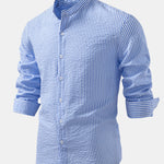 Seersucker Striped Stand Collar Shirt & Straight Leg Linen Pants