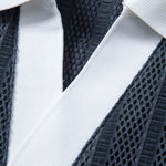 Striped Textured Johnny Collar Open Knit Polo