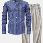 Long Sleeve Stripe Button Up Shirt & Elastic Waist Straight Leg Trousers