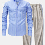 Long Sleeve Stripe Button Up Shirt & Elastic Waist Straight Leg Trousers