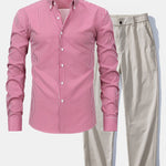 Long Sleeve Stripe Button Up Shirt & Elastic Waist Straight Leg Trousers