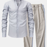 Long Sleeve Stripe Button Up Shirt & Elastic Waist Straight Leg Trousers