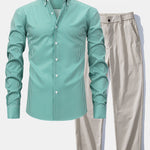 Long Sleeve Stripe Button Up Shirt & Elastic Waist Straight Leg Trousers