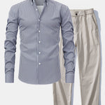Long Sleeve Stripe Button Up Shirt & Elastic Waist Straight Leg Trousers