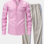 Long Sleeve Stripe Button Up Shirt & Elastic Waist Straight Leg Trousers