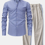 Long Sleeve Stripe Button Up Shirt & Elastic Waist Straight Leg Trousers
