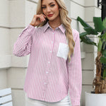 Zeagoo Striped Button Down Shirts for Women Patchwork Chic Long Sleeve Collared Casual Office Work Blouse Tops (US Only))