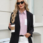 Zeagoo Striped Button Down Shirts for Women Patchwork Chic Long Sleeve Collared Casual Office Work Blouse Tops (US Only))