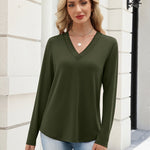 Zeagoo V Neck Solid Lace Trim Long Sleeve Top (US Only)